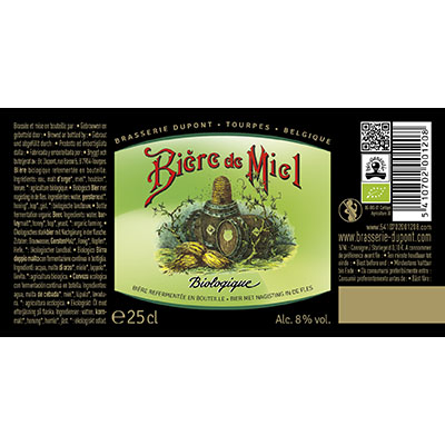 5410702001208 Bière de Miel Bio<sup>1</sup> - 25cl Biologish bier met nagisting in de fles (controle BE-BIO-01) Sticker Front